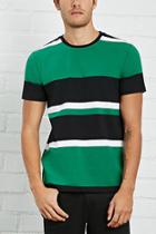 21 Men Men's  Black & Green Striped Contrast-neck Tee