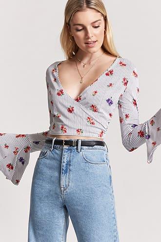 Forever21 Floral Stripe Surplice Crop Top