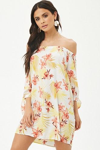 Forever21 Tropical Floral Print Off-the-shoulder Dress