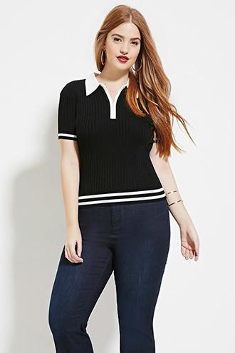 Forever21 Plus Women's  Black & Ivory Plus Size Varsity-stripe Ribbed Polo