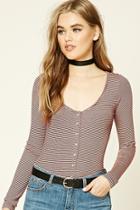 Forever21 Women's  Burgundy & Pink Striped Scoop-neck Top