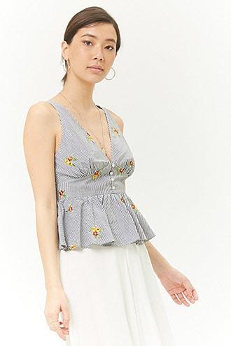 Forever21 Embroidered Striped Peplum Top