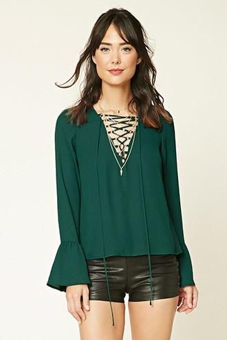 Love21 Women's  Hunter Green Contemporary Lace-up Top