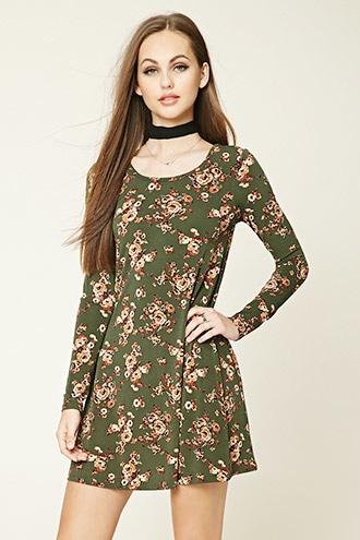 Forever21 Women's  Olive & Taupe Floral Print Self-tie Dress