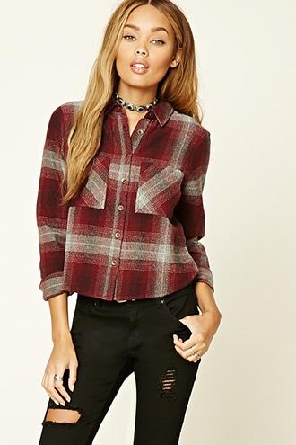 Forever21 Women's  Burgundy & Grey Boxy Plaid Shirt