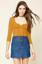 Forever21 Women's  Mustard Lace-up Crop Top