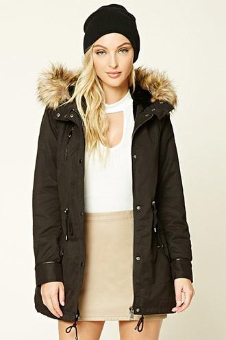 Forever21 Women's  Black Faux Fur-trimmed Parka