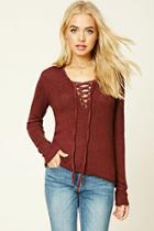 Love21 Women's  Burgundy Contemporary Lace-up Sweater