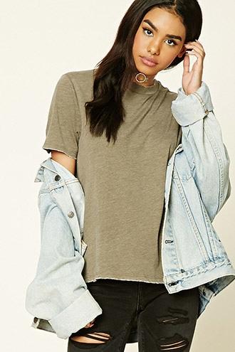Forever21 Women's  Olive Distressed Boxy Tee