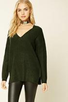 Forever21 Women's  Olive Dropped-sleeve V-neck Sweater