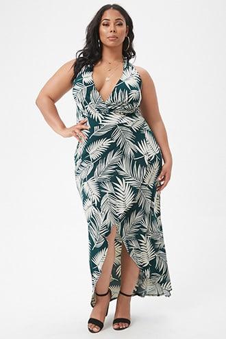 Forever21 Plus Size Surplice Palm Leaf Halter High-low Maxi Dress