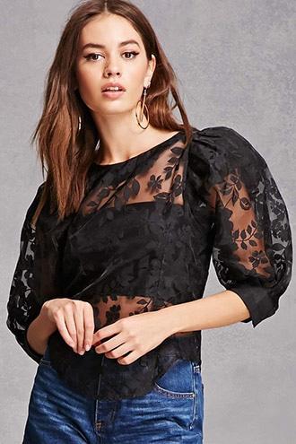 Forever21 Sheer Floral Puff Sleeve Top