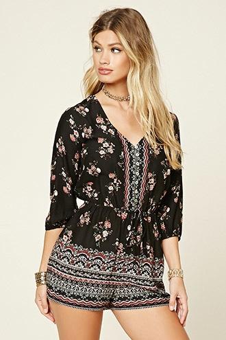 Forever21 Women's  Floral Button-down Romper