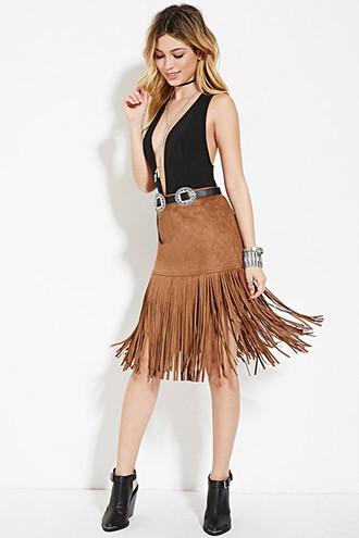 Forever21 Women's Camel Fringed Faux Suede Skirt