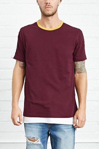 21 Men Men's  Burgundy & Mustard Striped Print Tee