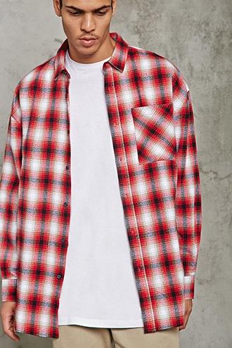 21 Men Men's  Red & Black Slim-fit Flannel Longline Shirt