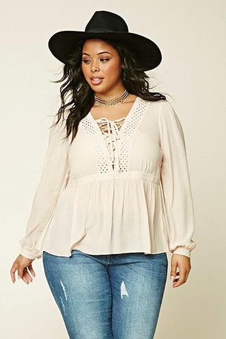 Forever21 Plus Women's  Beige Plus Size Lace-up Top