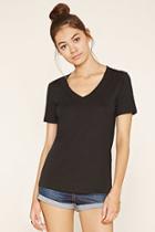 Forever21 Plus Women's  Black Cotton-blend V-neck Tee