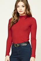 Forever21 Women's  Red Ribbed Mock Neck Top