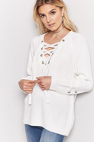 Forever21 Oversized Ribbed Knit Lace-up Sweater