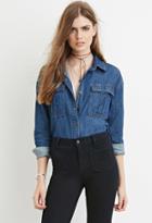 Love21 Women's Dark Denim Contemporary Buttoned Denim Shirt