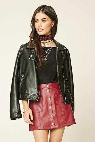 Forever21 Women's  Wine Button Faux Leather Mini Skirt
