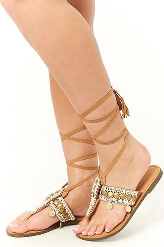 Forever21 Beaded Leather Ankle-wrap Sandals