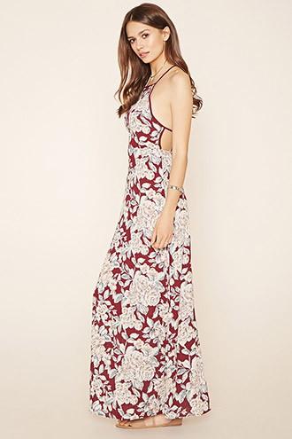 Love21 Women's  Wine & Sage Contemporary Floral Maxi Dress