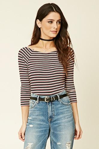Forever21 Women's  Stripe Boat-neck Crop Top
