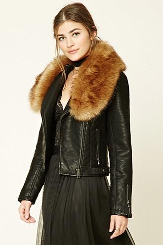 Forever21 Women's  Black & Natural Faux Leather Moto Jacket