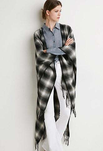 Love21 Fringed Plaid Poncho