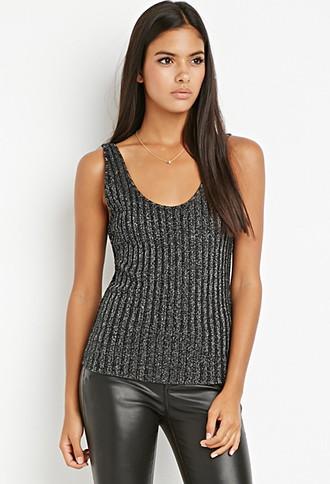 Love21 Women's  Metallic Ribbed Knit Top (black/silver)