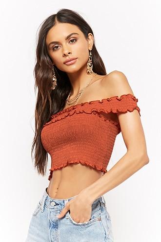 Forever21 Smocked Lettuce-edge Crop Top
