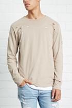 21 Men Men's  Taupe Distressed Long-sleeve Tee