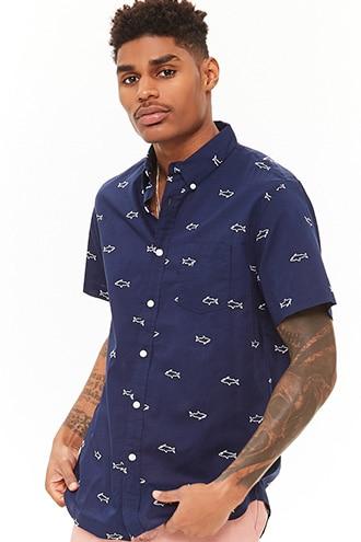 Forever21 Trunks Surf & Swim Embroidered Shark Button Shirt