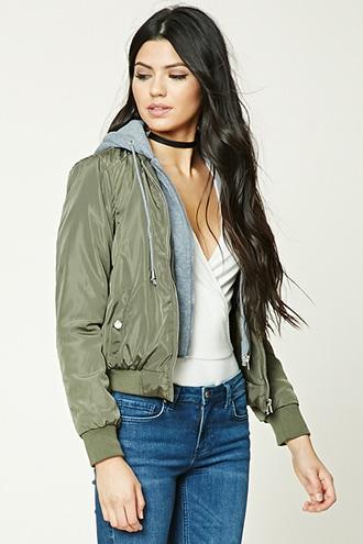 Forever21 Women's  Olive Hooded Bomber Jacket