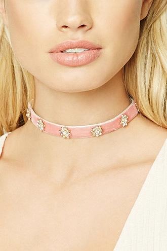Forever21 Pink & Gold Floral Rhinestone Velvet Choker