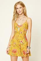Forever21 Women's  Mustard & Coral Floral Print Lace-up Mini Dress
