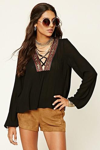 Forever21 Women's  Black & Red Embroidered Peasant Top