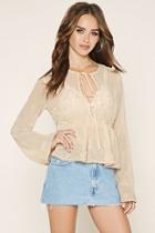 Forever21 Women's  Beige Floral-embroidered Peasant Top