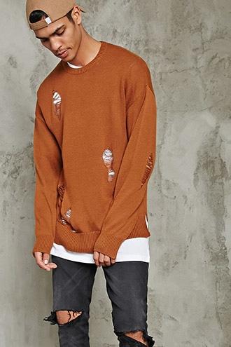 21 Men Men's  Chestnut Distressed Crew Neck Sweater