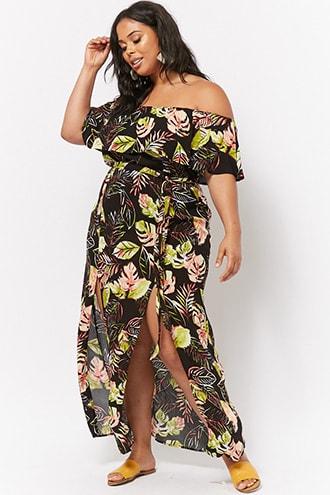Forever21 Plus Size Belted Leaf Print Maxi Dress