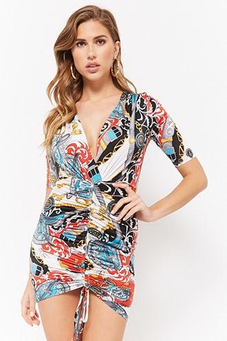Forever21 Ruched Chain & Baroque Print Dress