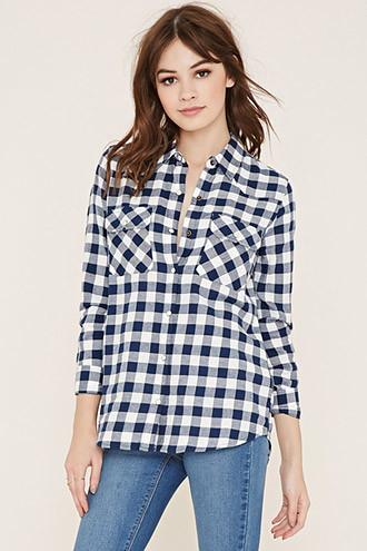 Forever21 Women's  Cream & Navy Buffalo Plaid Shirt