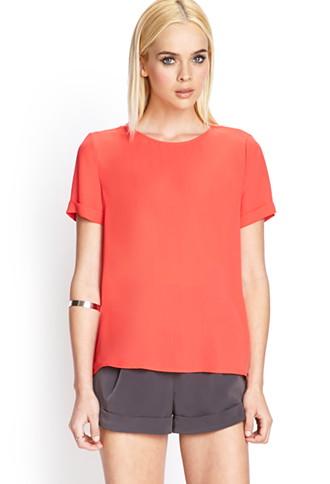 Forever21 Women's  Coral Flowy Cuffed Sleeve Top