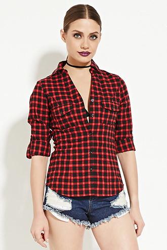 Forever21 Women's Red Plaid Cotton Shirt