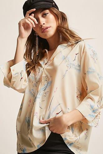 Forever21 Satin Crane Print Top