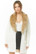 Forever21 Faux Fur-collar Cable Knit Cardigan