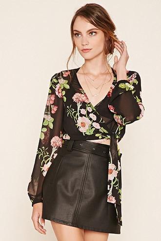 Love21 Women's  Black & Green Contemporary Floral Print Top