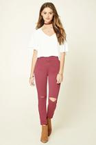 Forever21 Women's  Burgundy Stretch-knit Ripped Pants